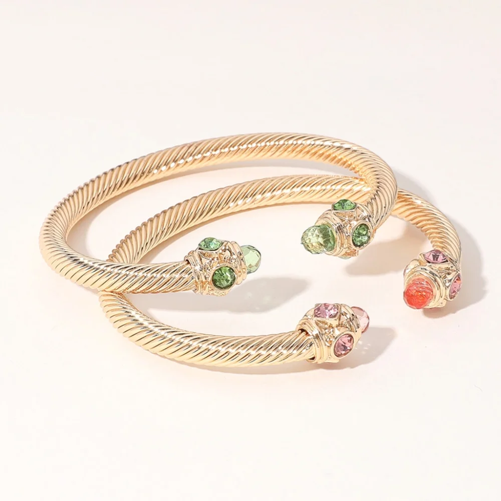 Gold 2 Piece Stone Tip Twist Rope Cable Cuff Bracelet Bangle Textured Metal